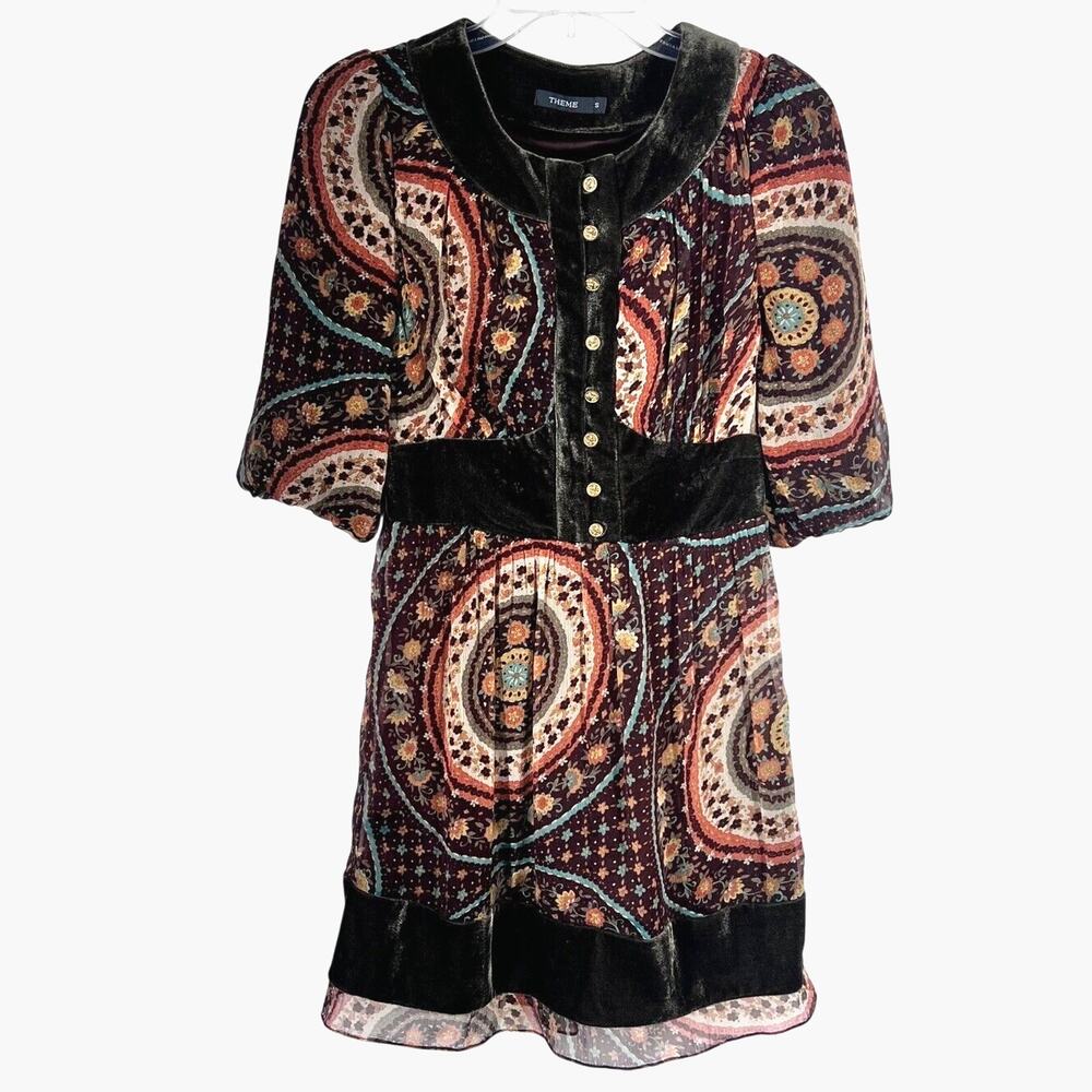 Theme Womens Dress SZ Small Brown Floral Paisley Print Velvet Trim Hippie Boho